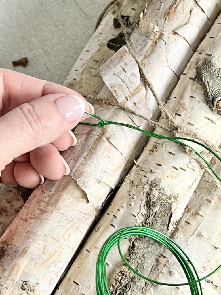 Green bendable wire wrapped around several birch logs.