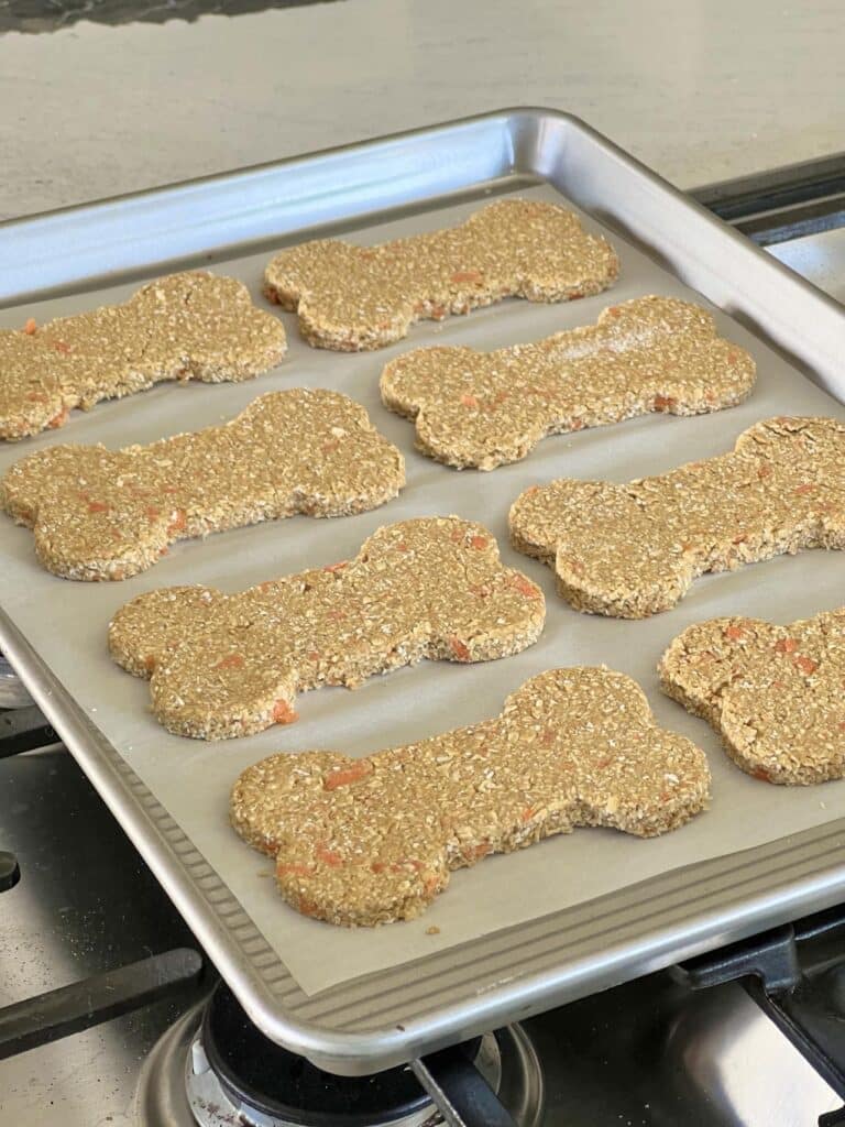 Homemade oatmeal dog treats on aa baking sheets to go into the oven.