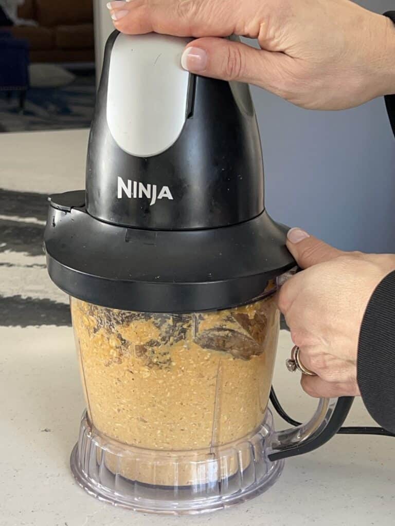 Using a food processor to blend ingredients for homemade pumpkin oatmeal dog treats.