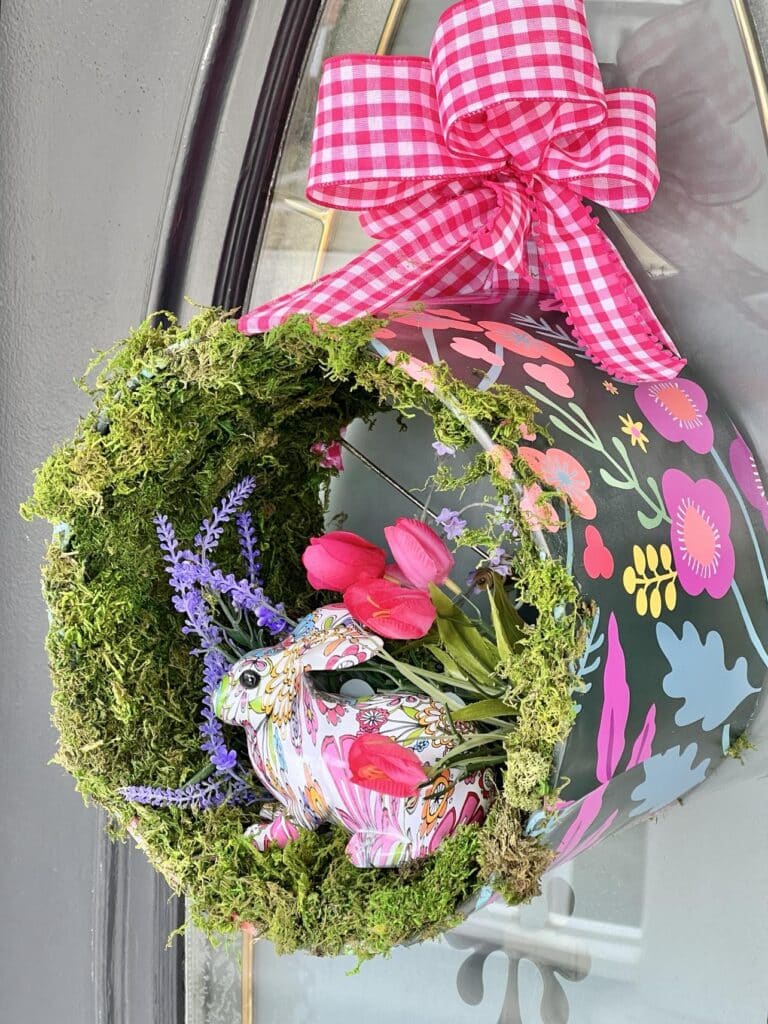 A DIY Door Wreath using a lampshade as the wreath form.