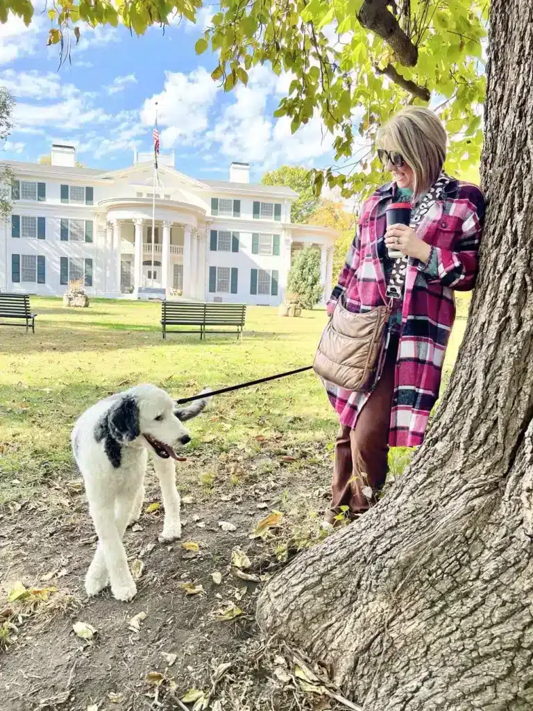 Missy and Bentley on a walk outside.