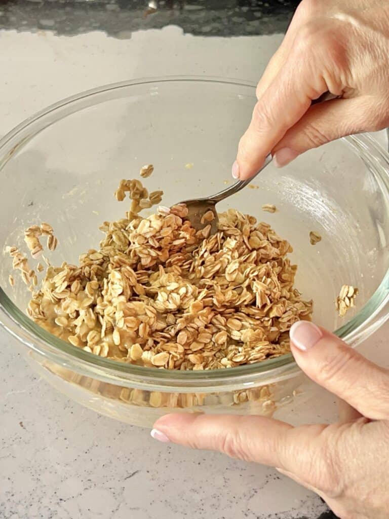 Mixing oats with other ingredients for homemade dog cookies.