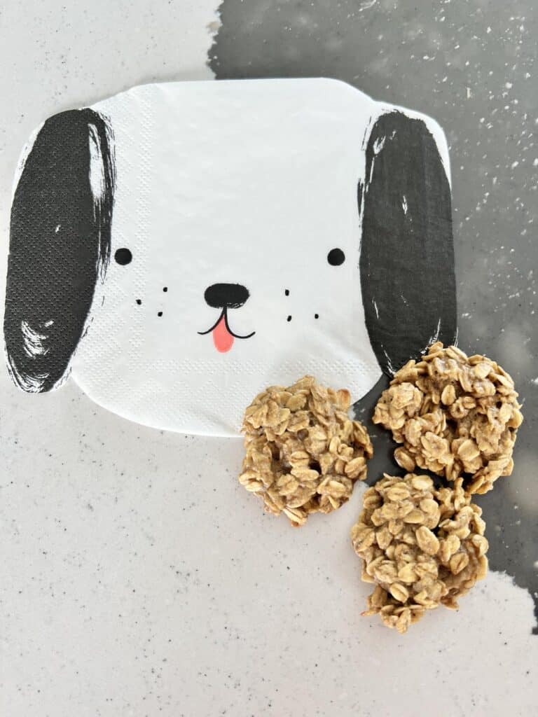 Three homemade oatmeal dog treats sitting beside a dog face napkin.