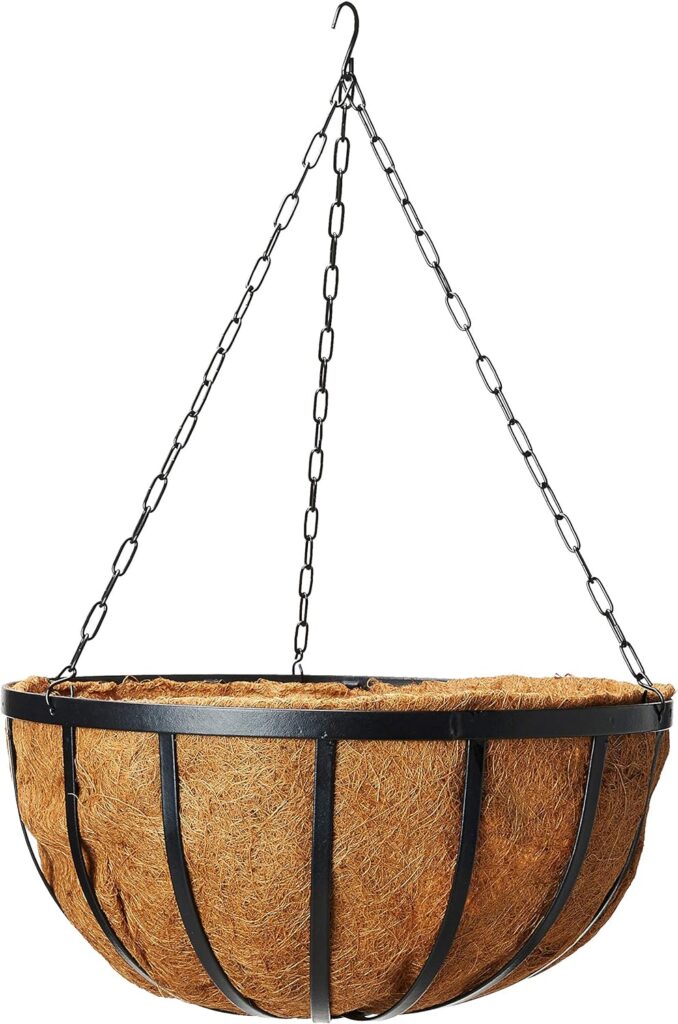 A hanging basket with a coconut liner.