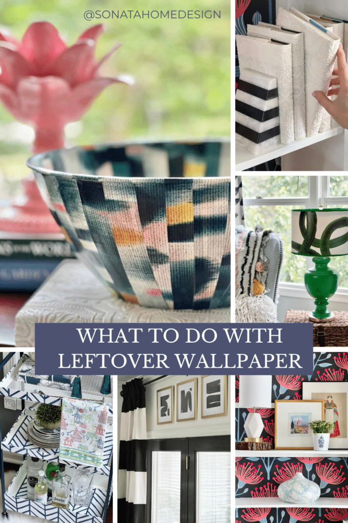 what to do with leftover wallpaper: a decorative bowl, book covers, lampshade, covered bar cart, framed scraps, lined bookcase shelves.