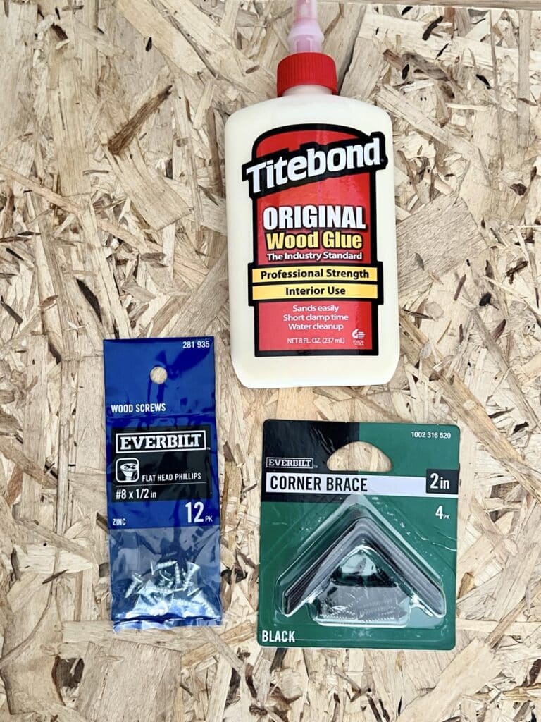 Wood glue and hardware pieces for a  coffee table ottoman diy.