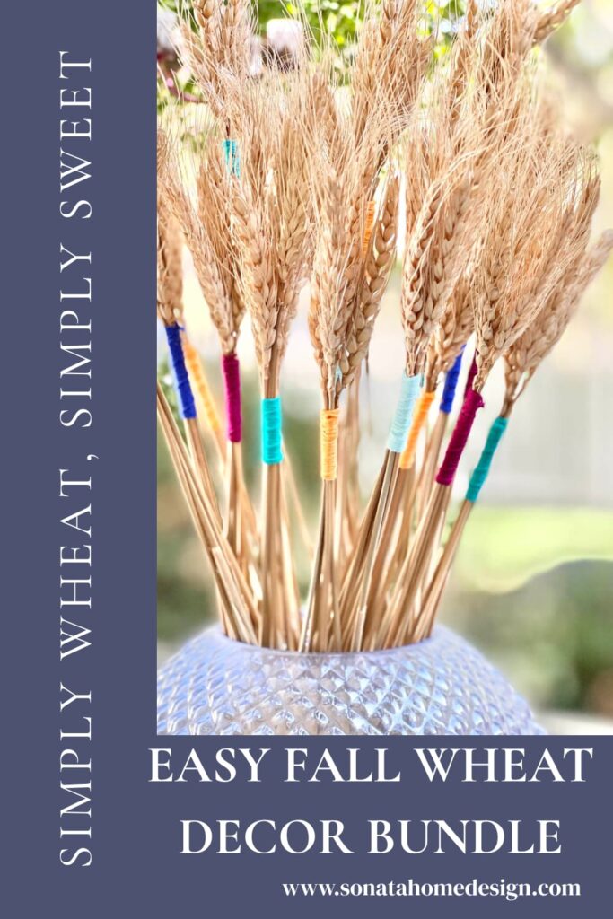 A vase filled with thread wrapped wheat bundle decor.
