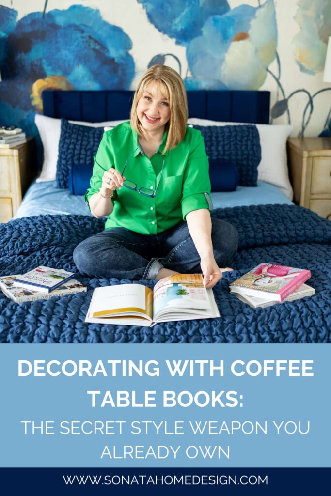 Woman looking at coffee table decorating books.