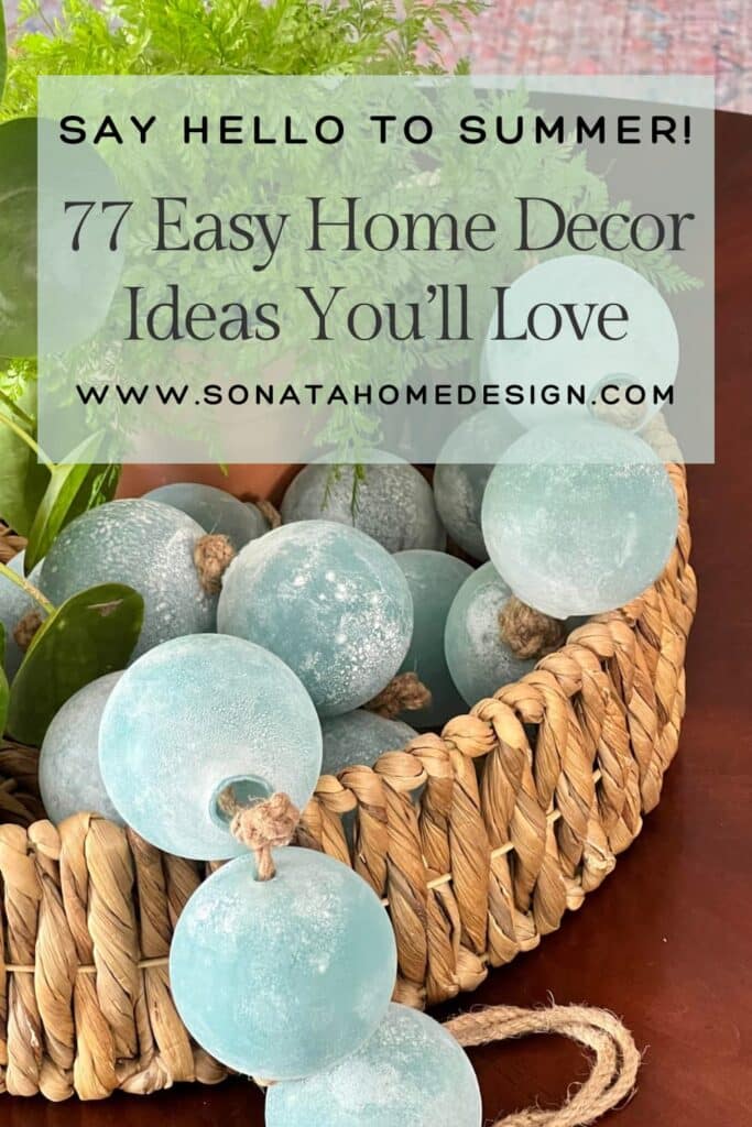 A woven basket with bead garland used to decorate a home for summer.