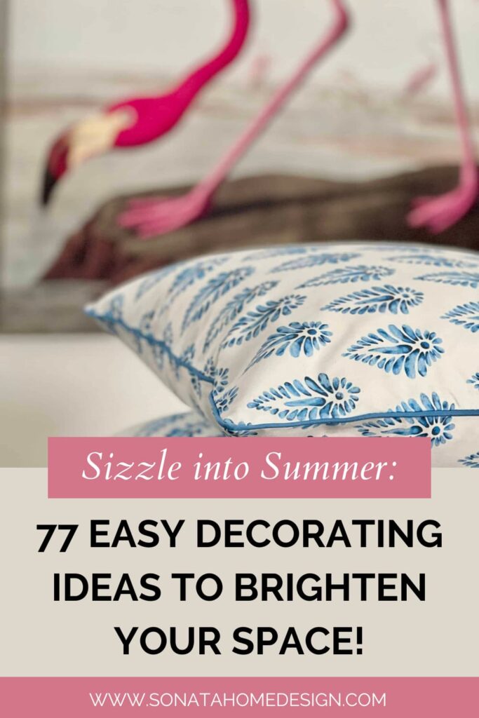 A white and blue pillow with bird wall art for summer decorating ideas.