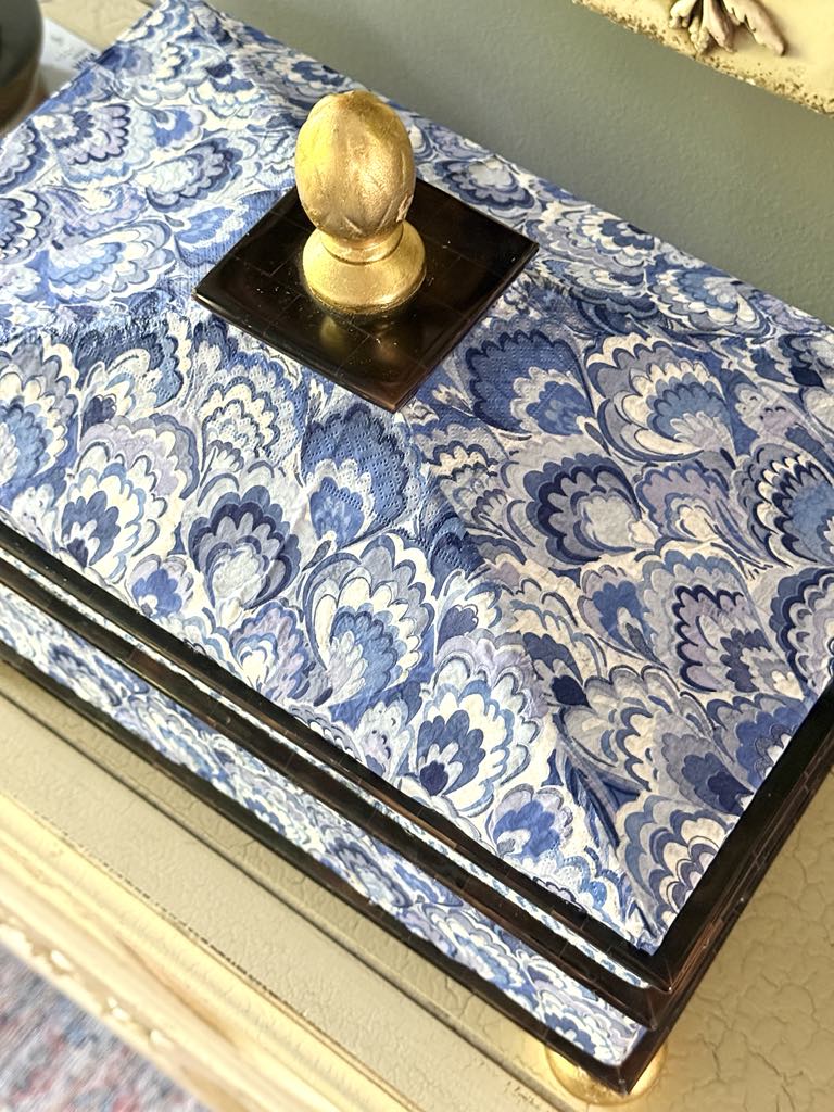 The decoupaged lid of a thrifted box.