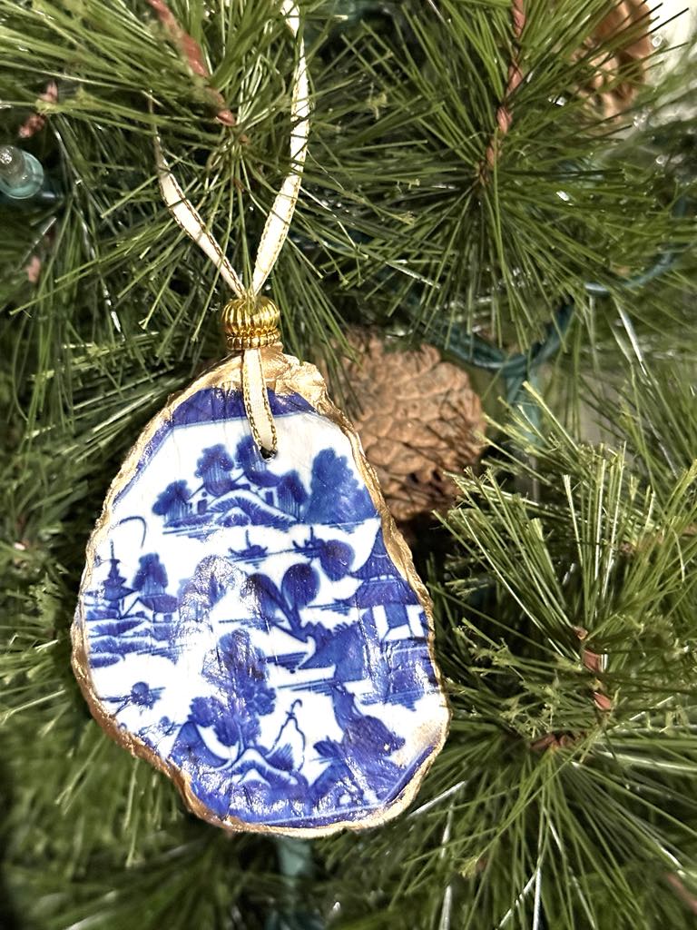 Decoupage shell Christmas ornaments.