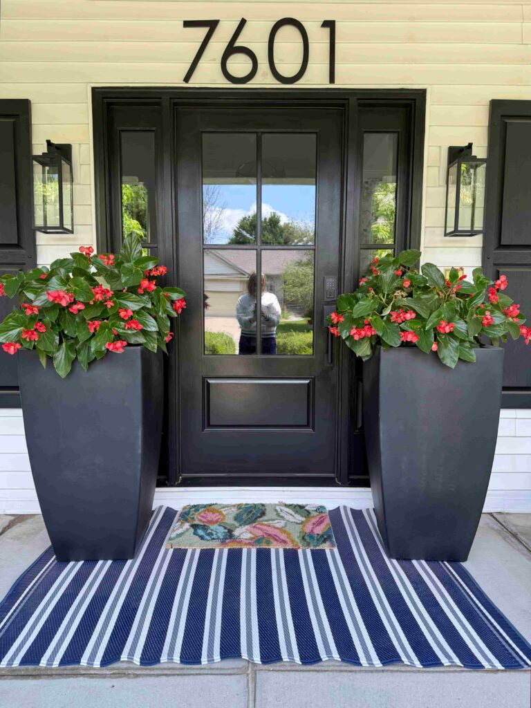 Two large black planters flanking a glass paned front door.