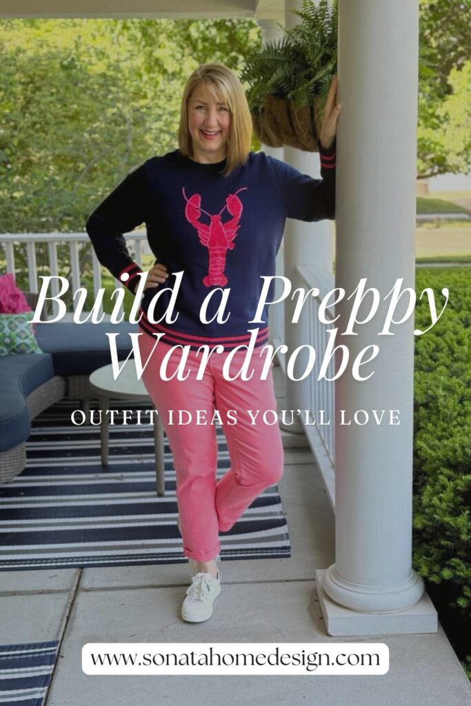 Woman wearing a preppy nautical sweater and pink jeans.