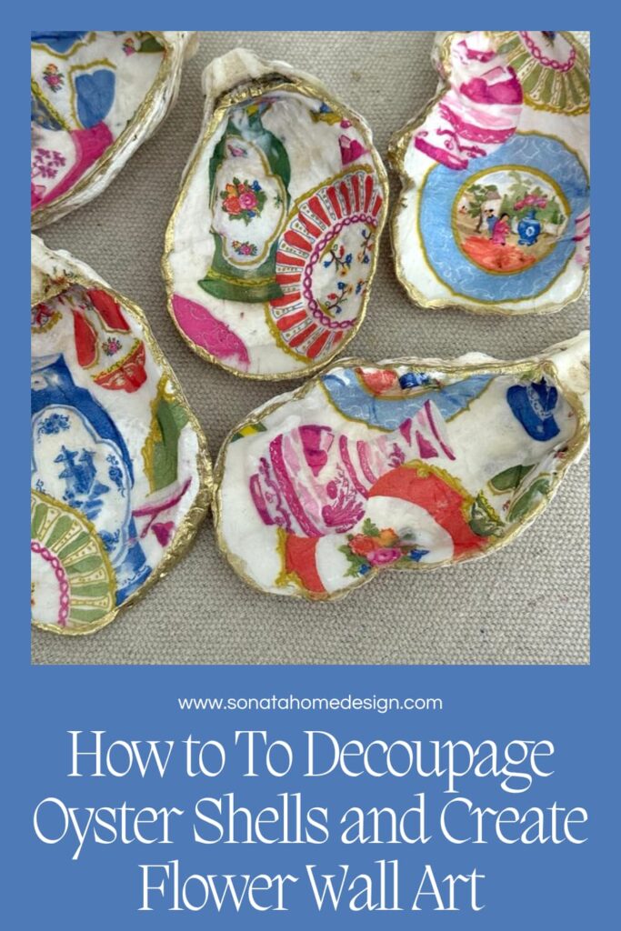 Decoupage oyster shells with a colorful inner pattern.