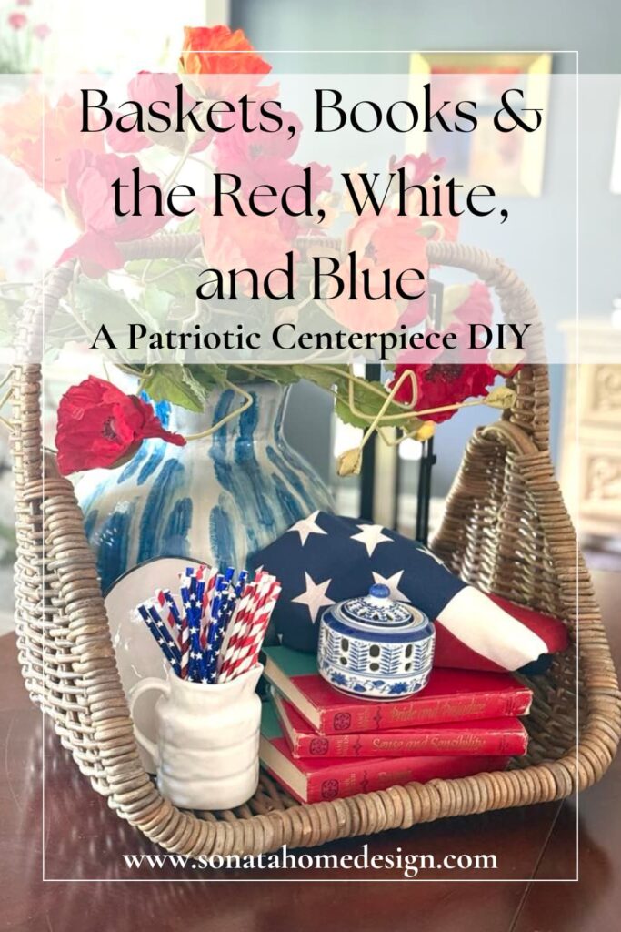 Baskets, and books used for a patriotic centerpiece.