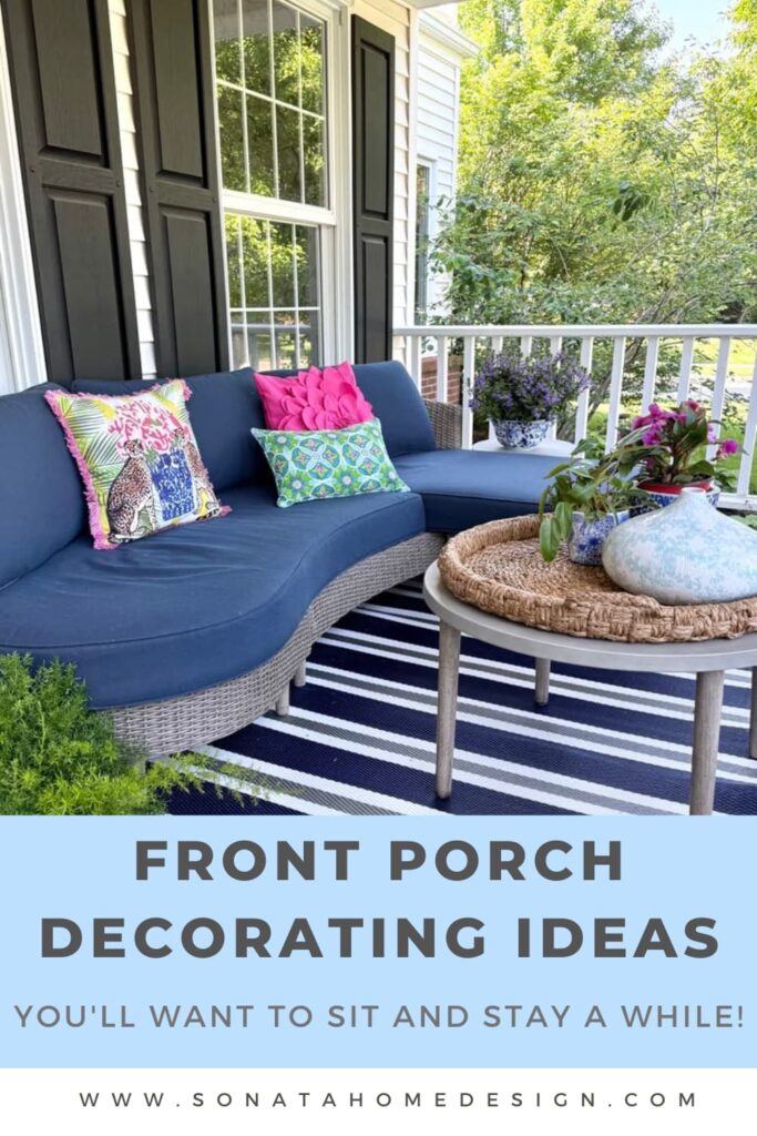Front Porch Decorating Ideas for Summer with an outside sofa and coffee table.