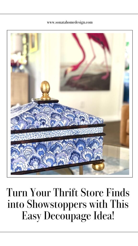 Blue and white decoupage thrift store find with gold knob and gold bun feet.