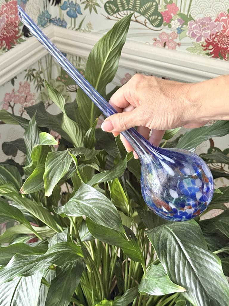A woman holding a blue water globe above a plant.