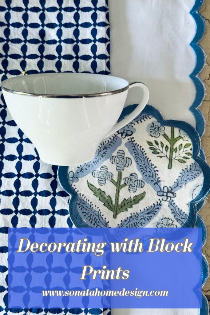 White teacup with block print coaster.