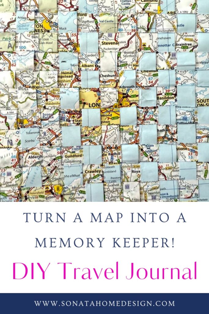Pinterest pin: DIY Travel Journal with woven map strips