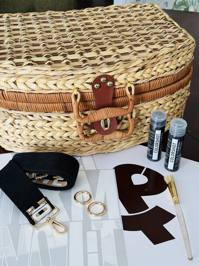 Supplies for monogrammed DIY picnic basket.