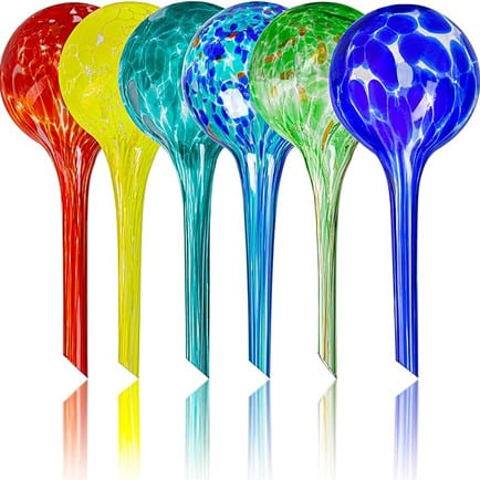 Multi colored water globes for plants from Amazon.