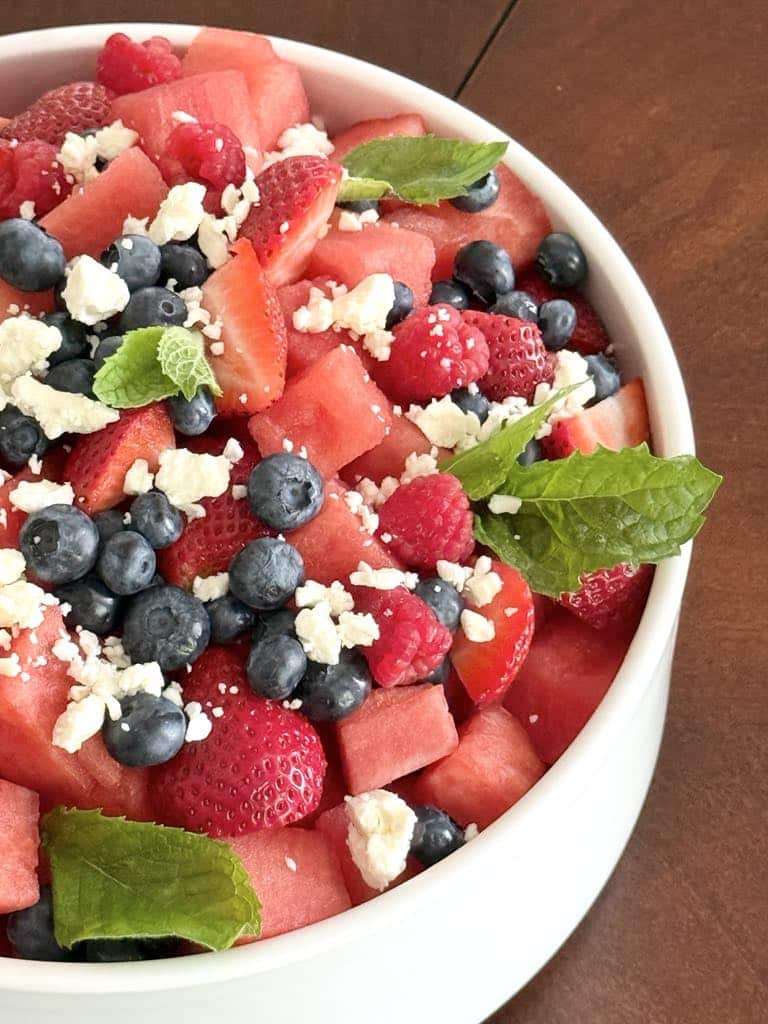 Watermelon Fruit Salad with Honey Lime Dressing, Feta & Mint