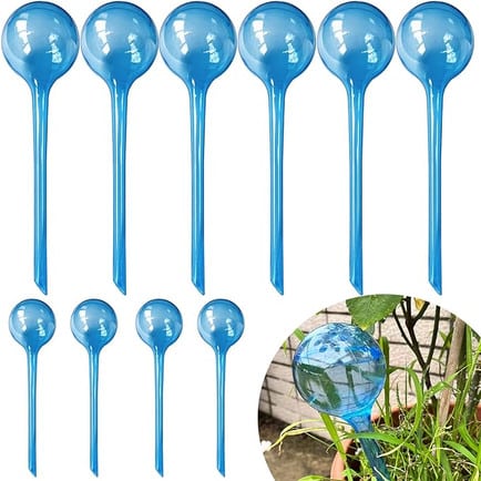 Light blue water globes for plants from Amazon.