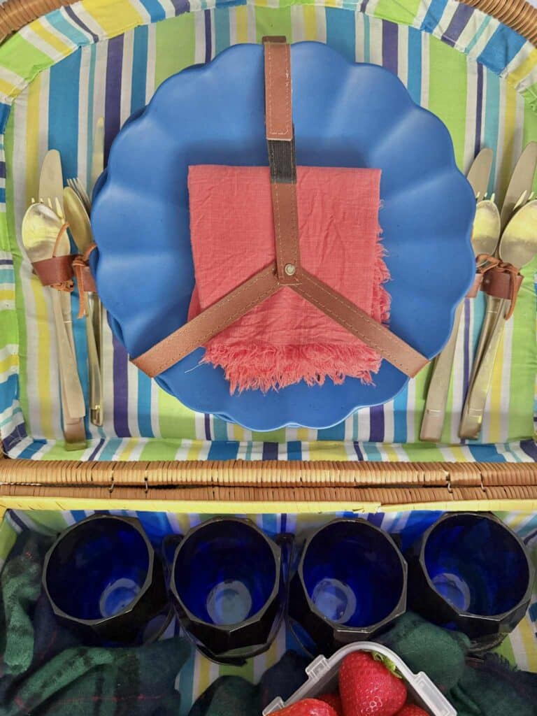 Plates, napkins, and melamine glassware inside a picnic basket.