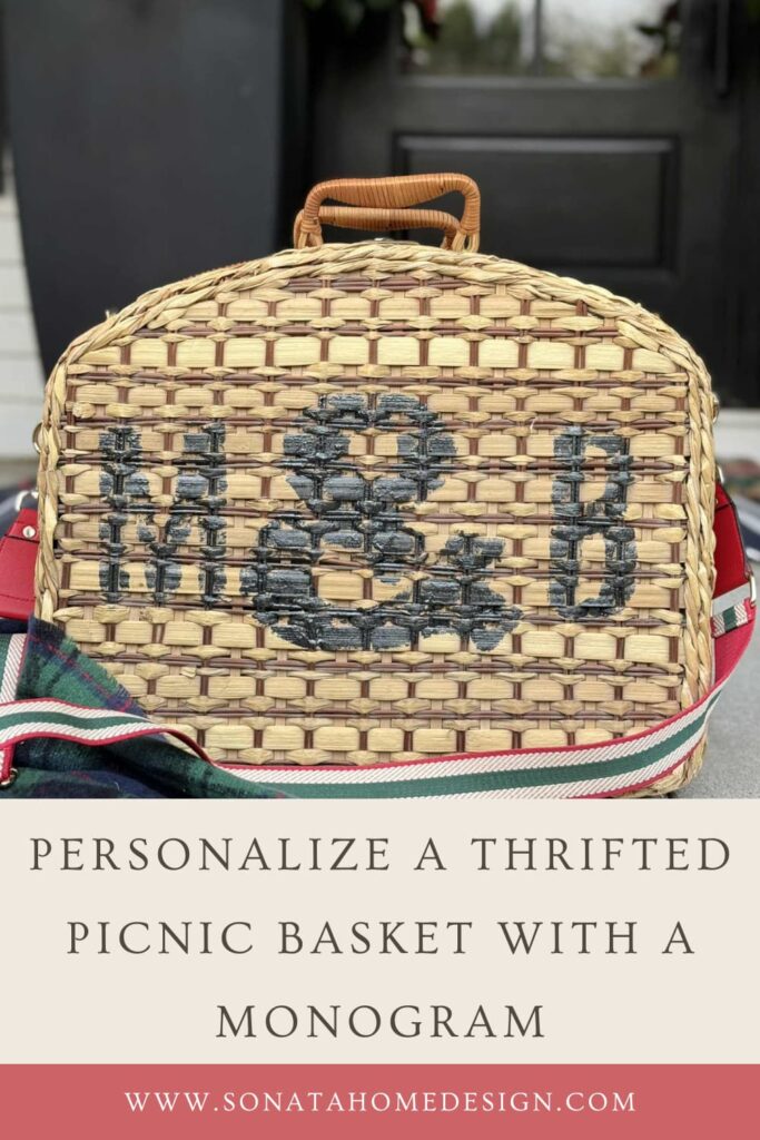 Thrifted picnic basket with monogram.