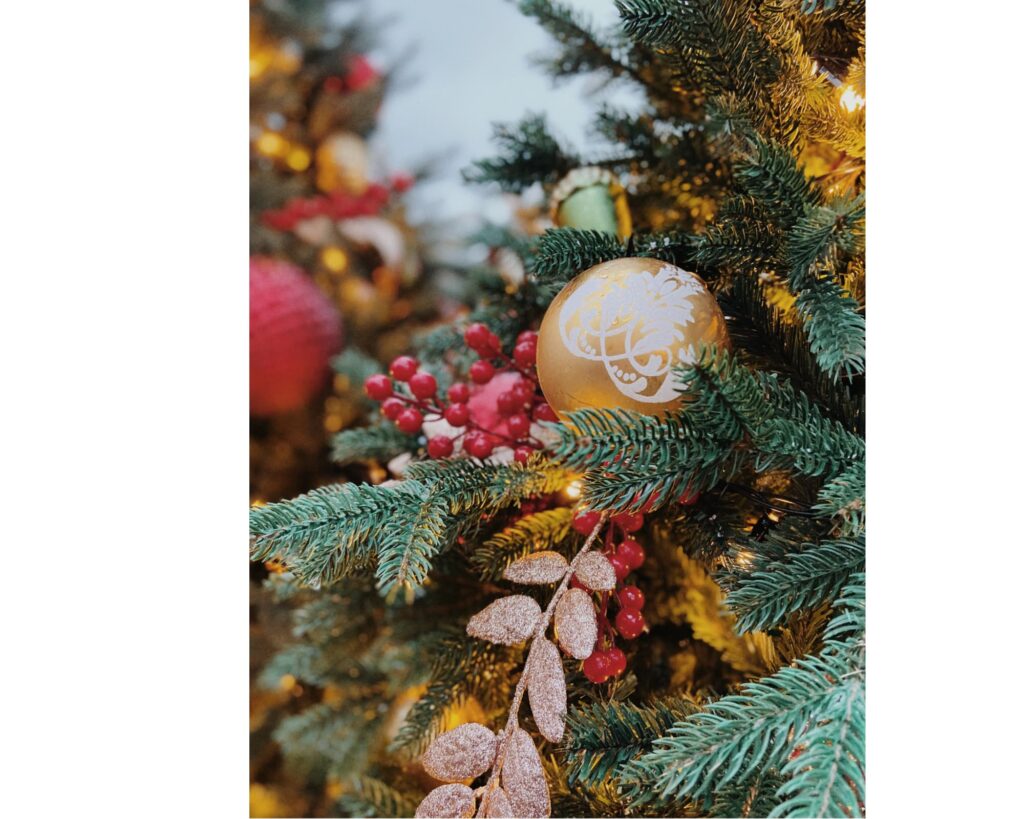 A Christmas tree bough with a gold ornament.