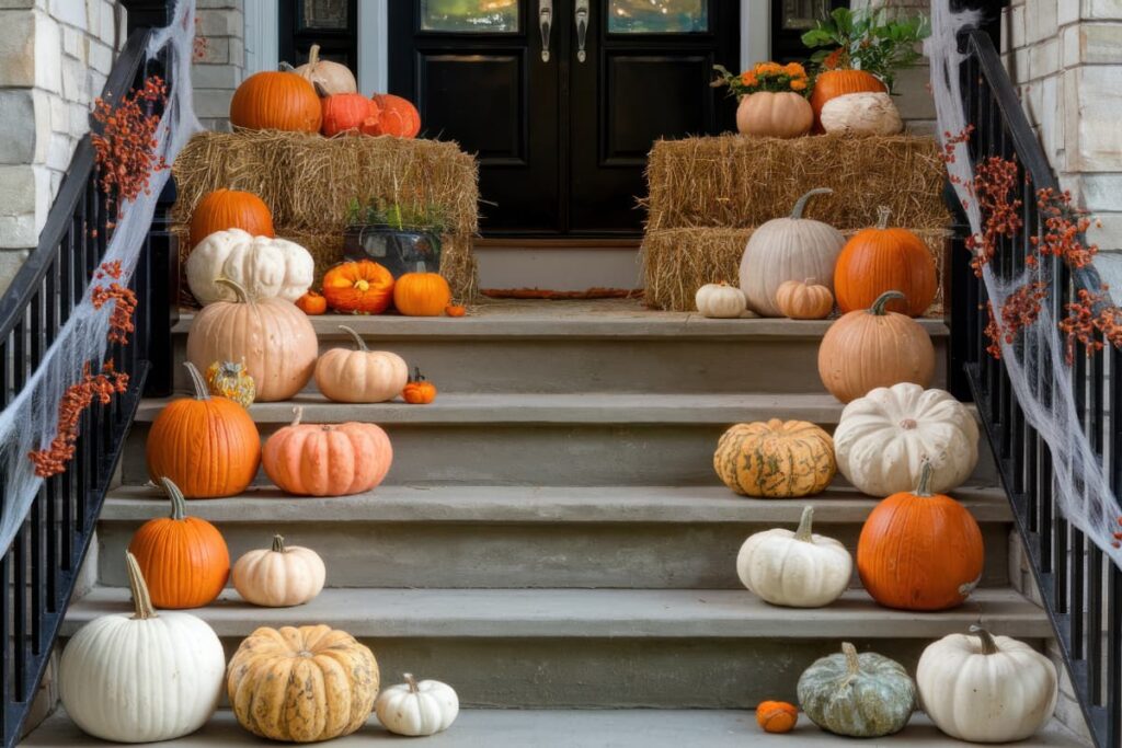 simple fall decor: white and orange pumpkins on porch steps.