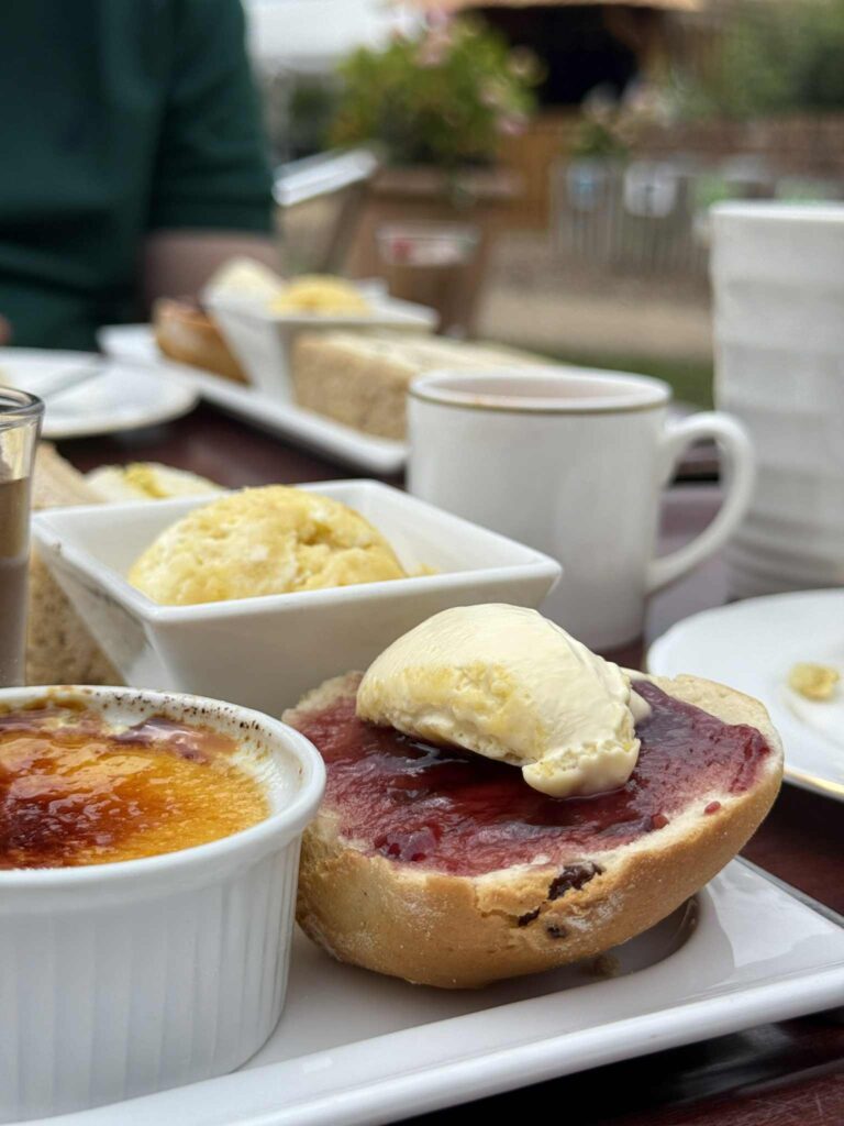 Scones with homemade jam and clotted cream.