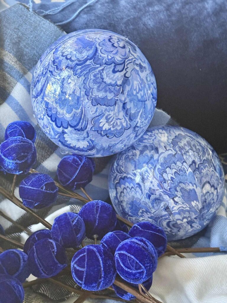 DIY decoupage ornaments and blue velvet tree picks.