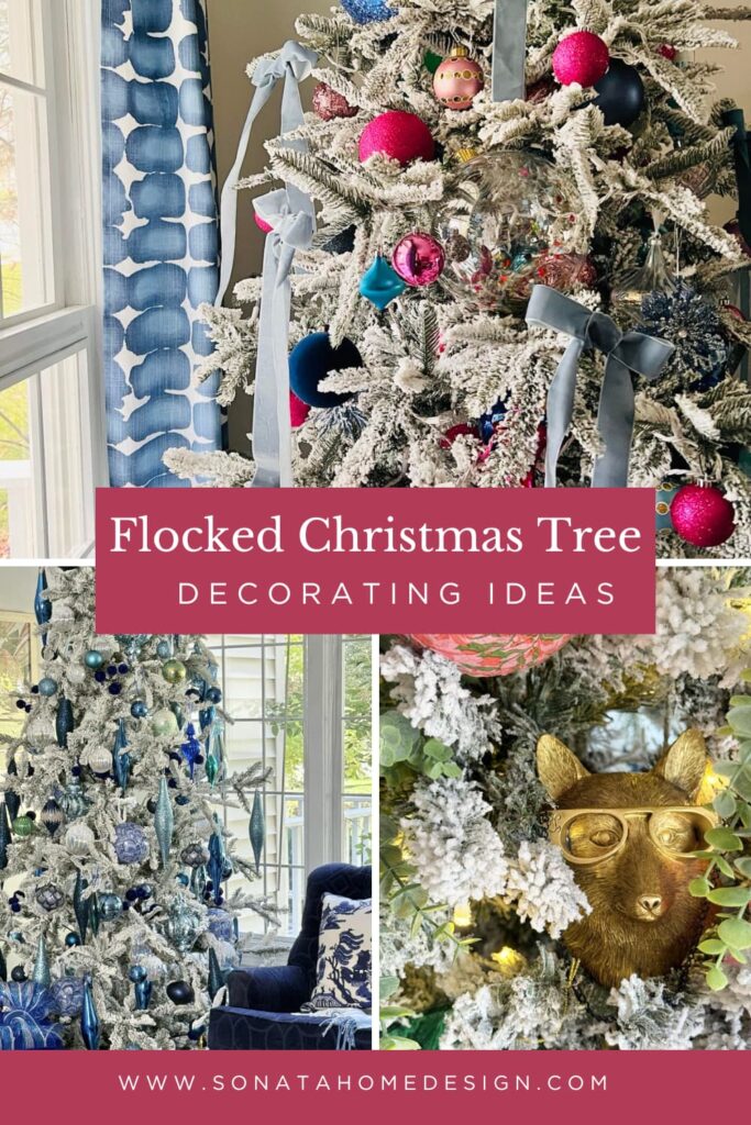 Three flocked trees decorated for Christmas