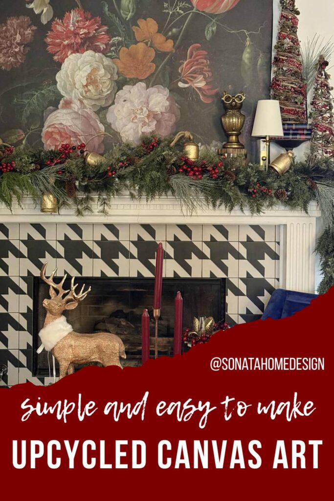 repurposed canvas art on a fireplace mantel