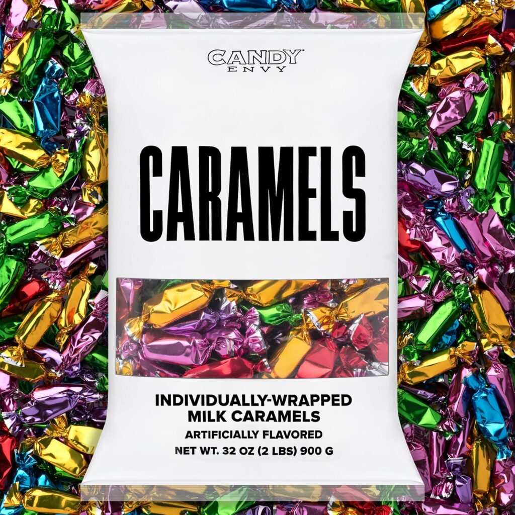 A bag of colorfully wrapped caramels.