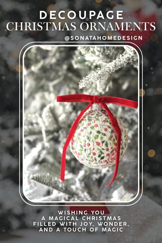 decoupage Christmas ornaments hanging in a flocked tree.