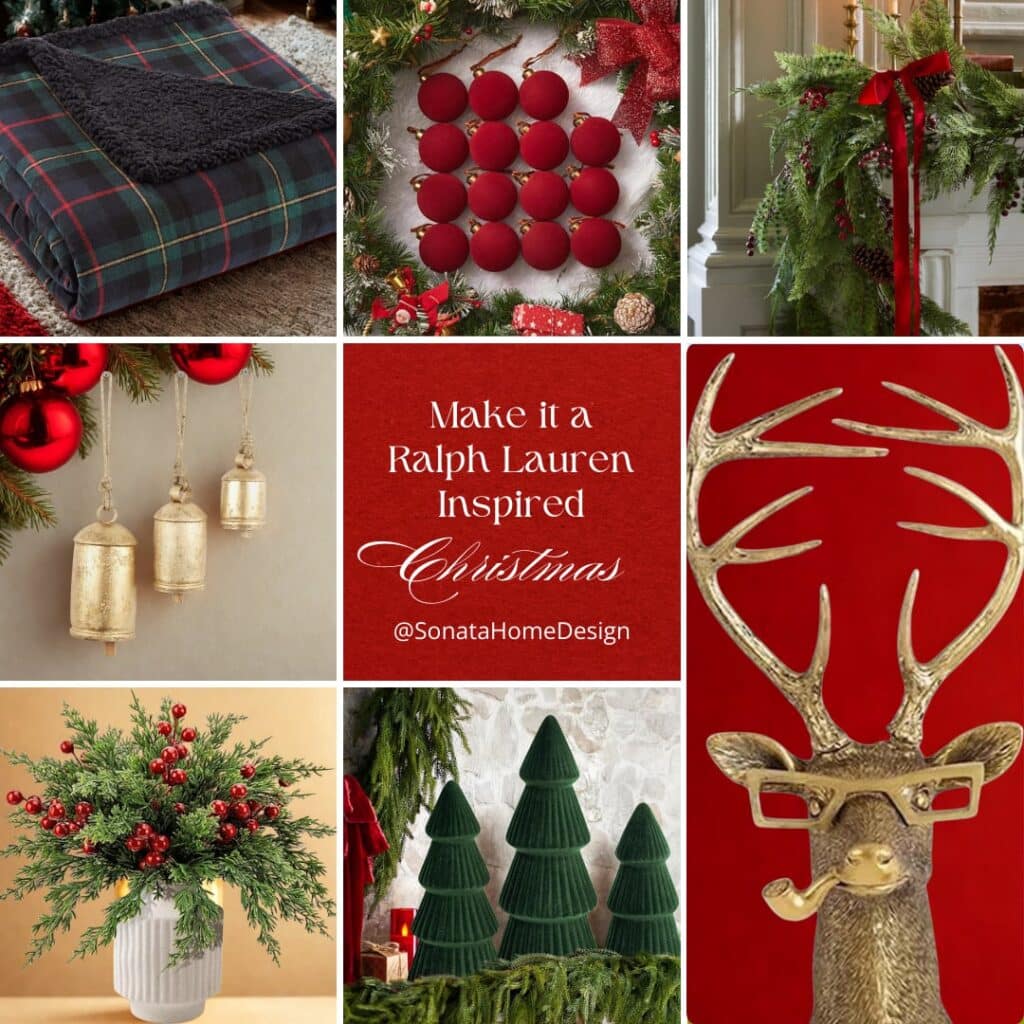 plaid blanket, red velvet ornament balls, greenery, gold bells, and deer wall sculpture.