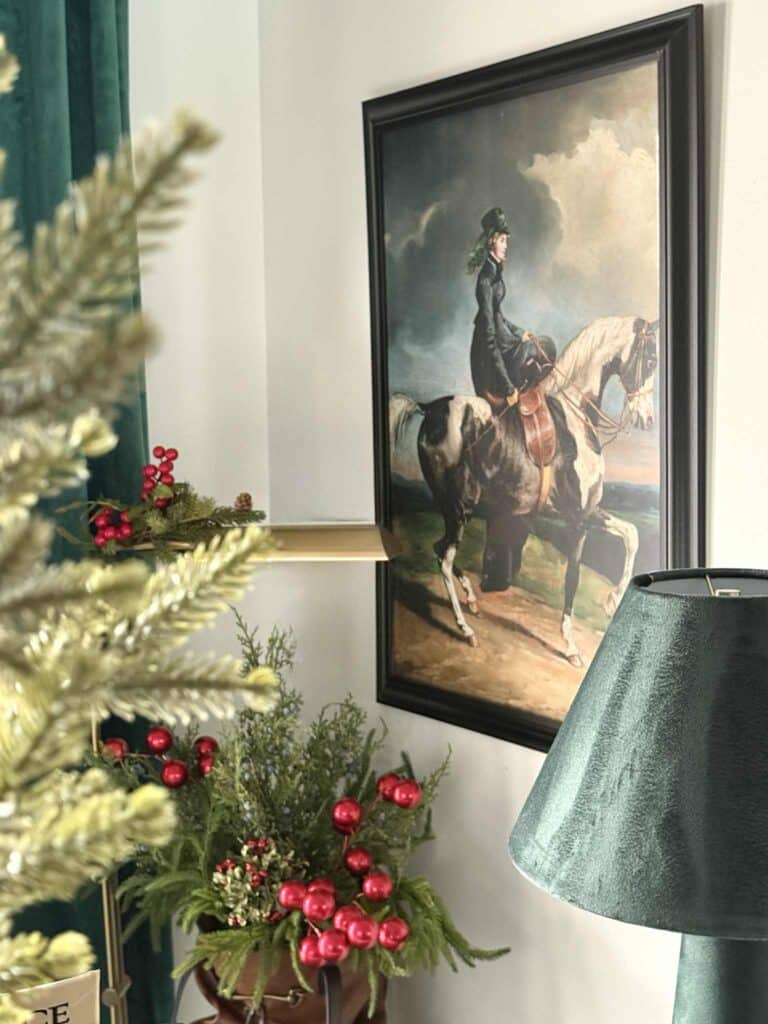 Equestrian wall art by greenery and berries for Ralph Lauren Christmas.