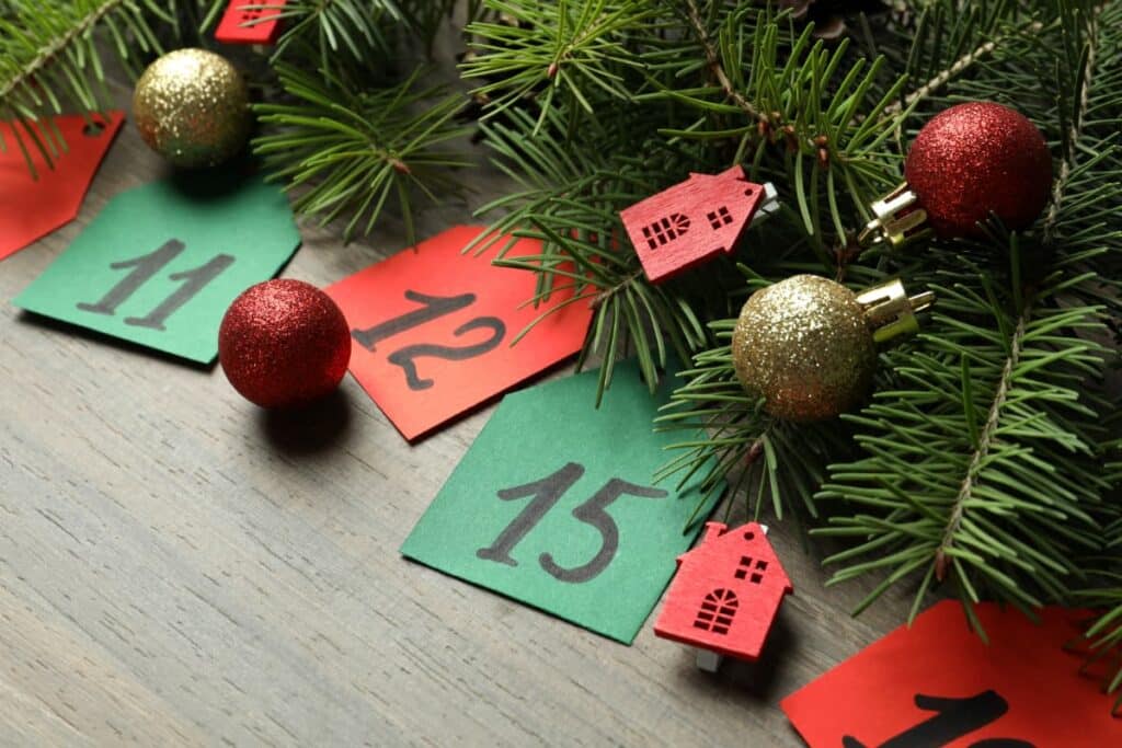 Handwritten number tags for Advent calendar gift ideas.