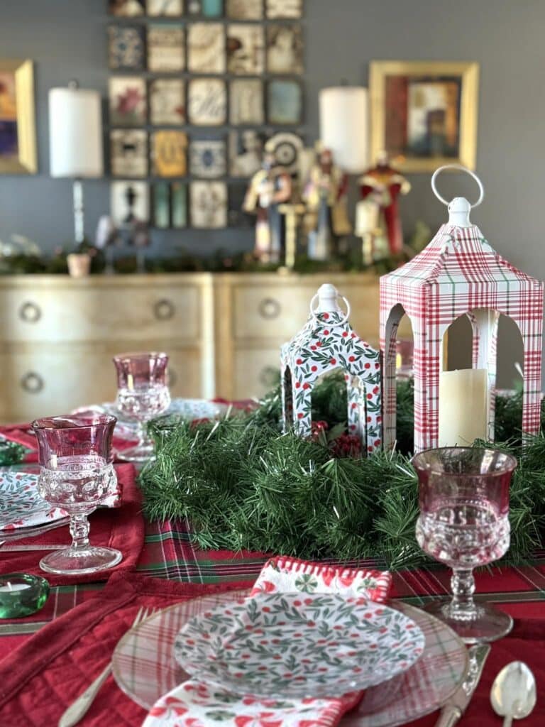 Christmas lanterns on a holiday tablescape.