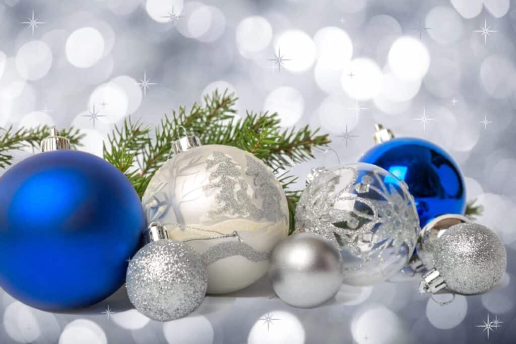 Blue, silver, and white Christmas ornaments.