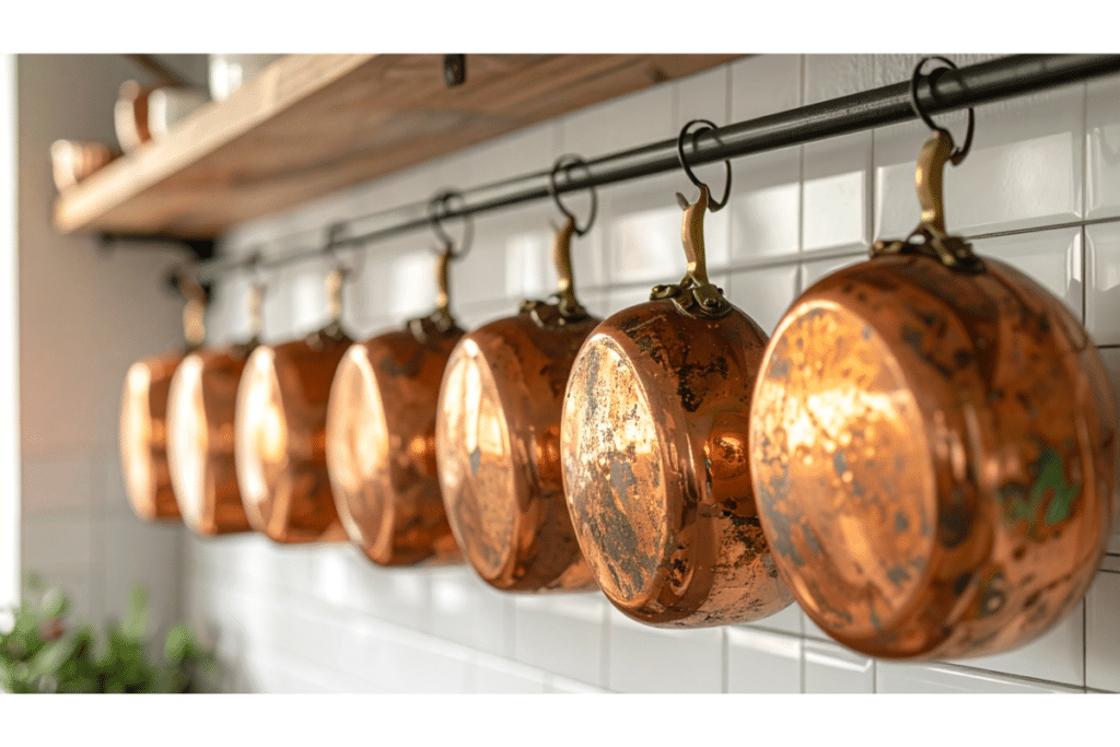 Copper pots hanging from hooks in a kitchen.