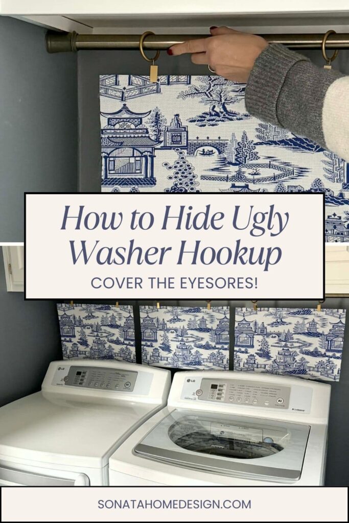 Pinterest pin showing washing machine and dryer with placemat curtain hiding washer dryer hookups.