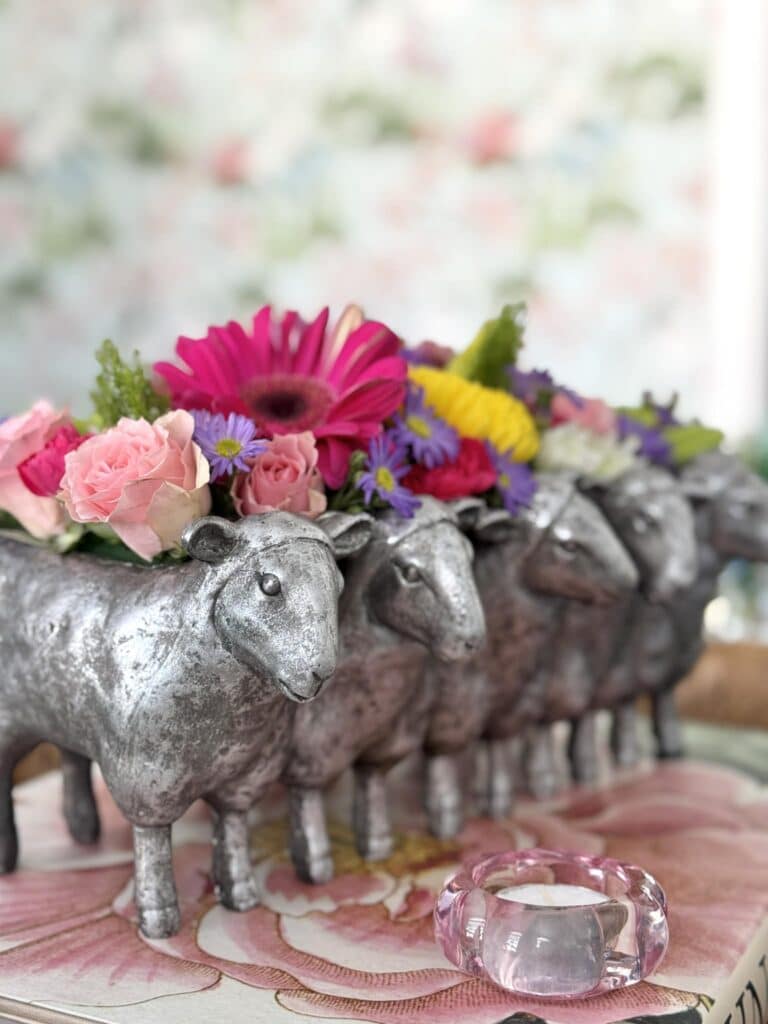 A floral centerpiece on a spring tablescape.