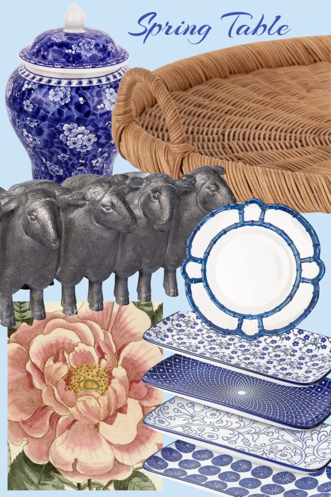A collage of spring themed table products including blue and white plates, a sheep planter, and a woven tray.