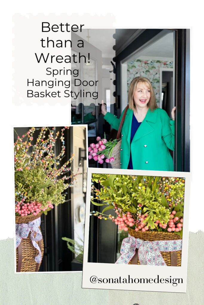 Two hanging door baskets and a woman looking our a front door.