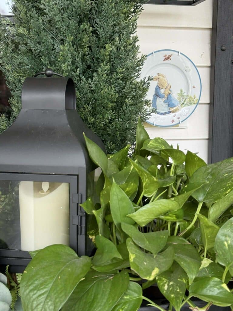 A lantern, bunny plate, and green plant on the front porch.